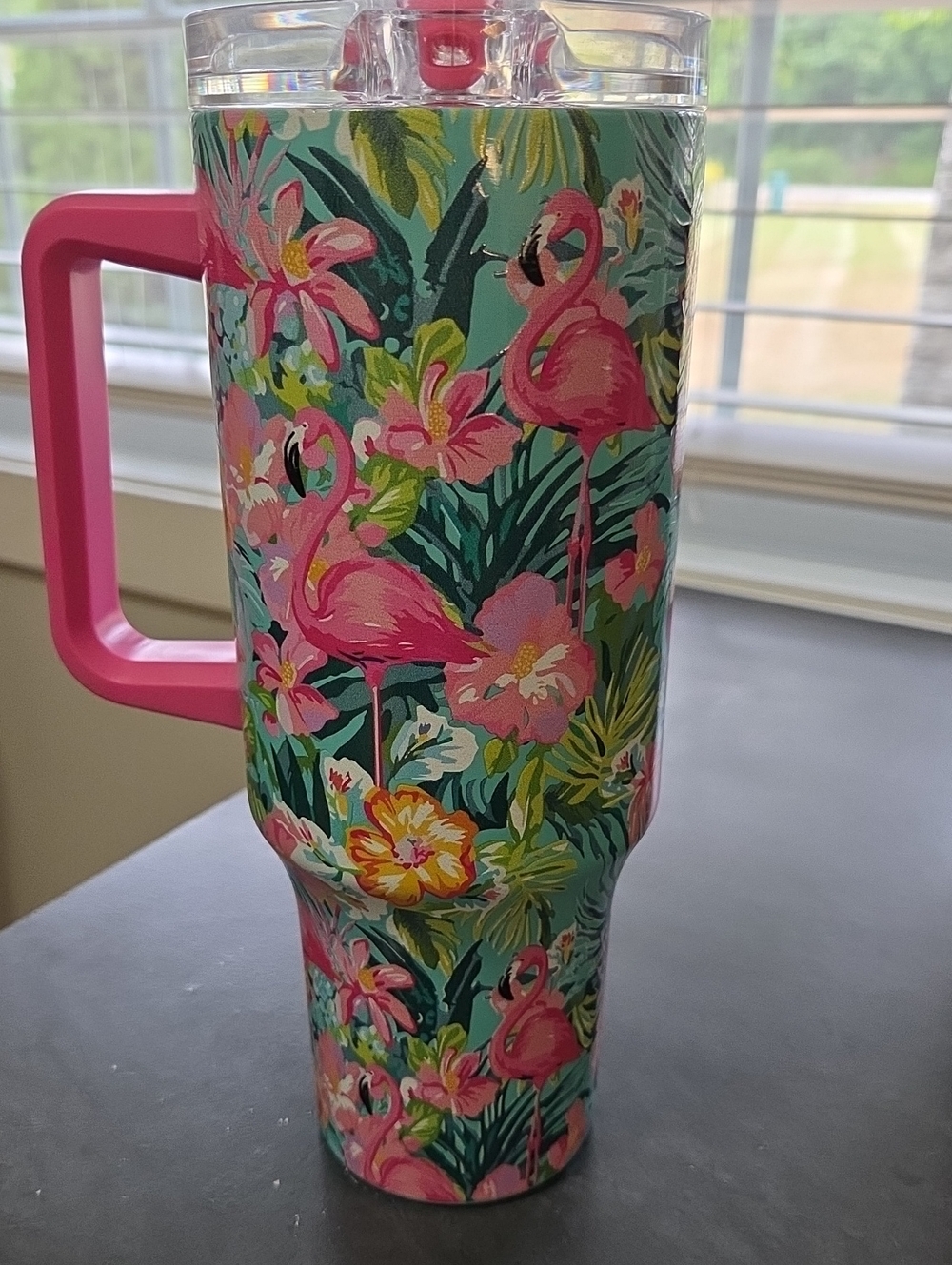 The Spring Shop Tropical Flamingo Travel Tumbler with Pink Handle